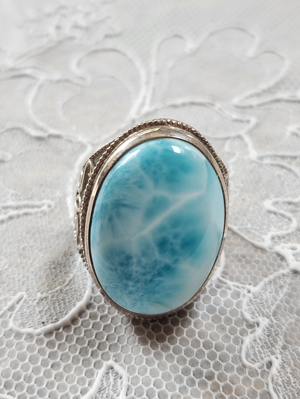 Blue Larimar Sterling Silver Large Oval Statement Ring SIZE 8 - Picture 3 of 14